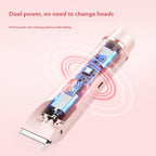 Pink electric hair remover with a transparent body showing internal circuit board components and gold-tone accents.