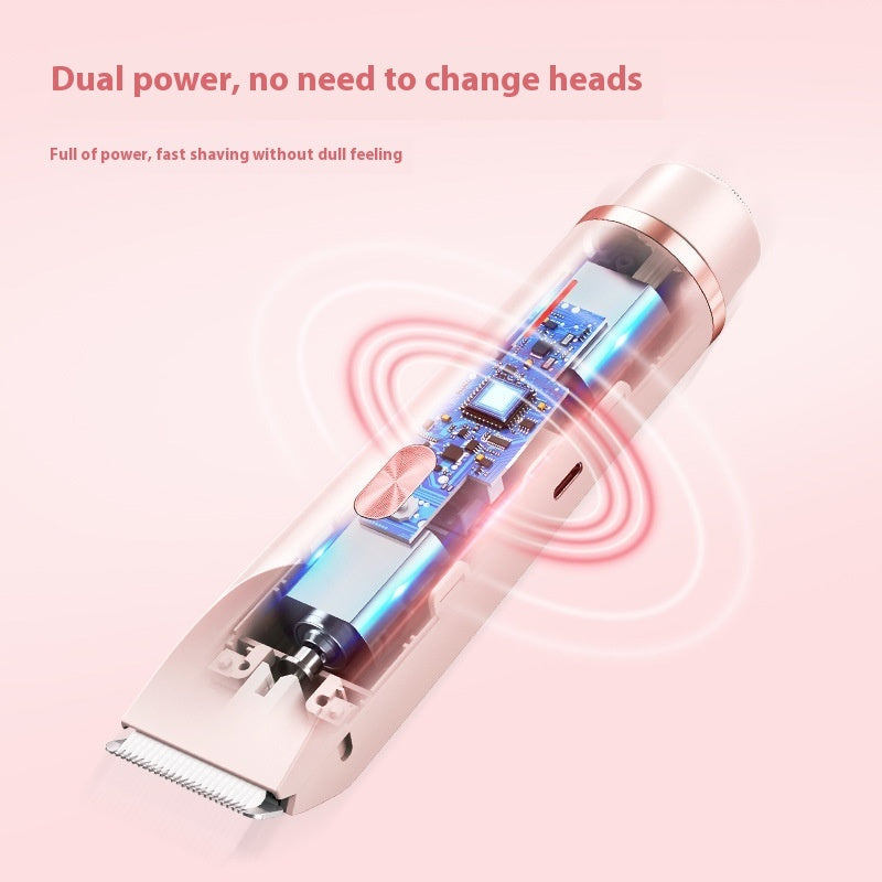 Pink electric hair remover with a transparent body showing internal circuit board components and gold-tone accents.