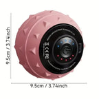 Pink, textured vibration massage ball with a black control panel, power button, and LED intensity indicators.