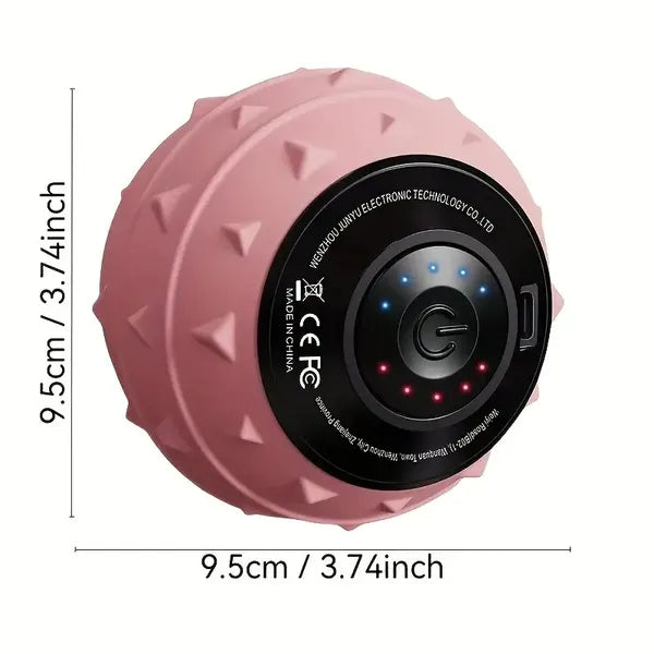 Pink, textured vibration massage ball with a black control panel, power button, and LED intensity indicators.