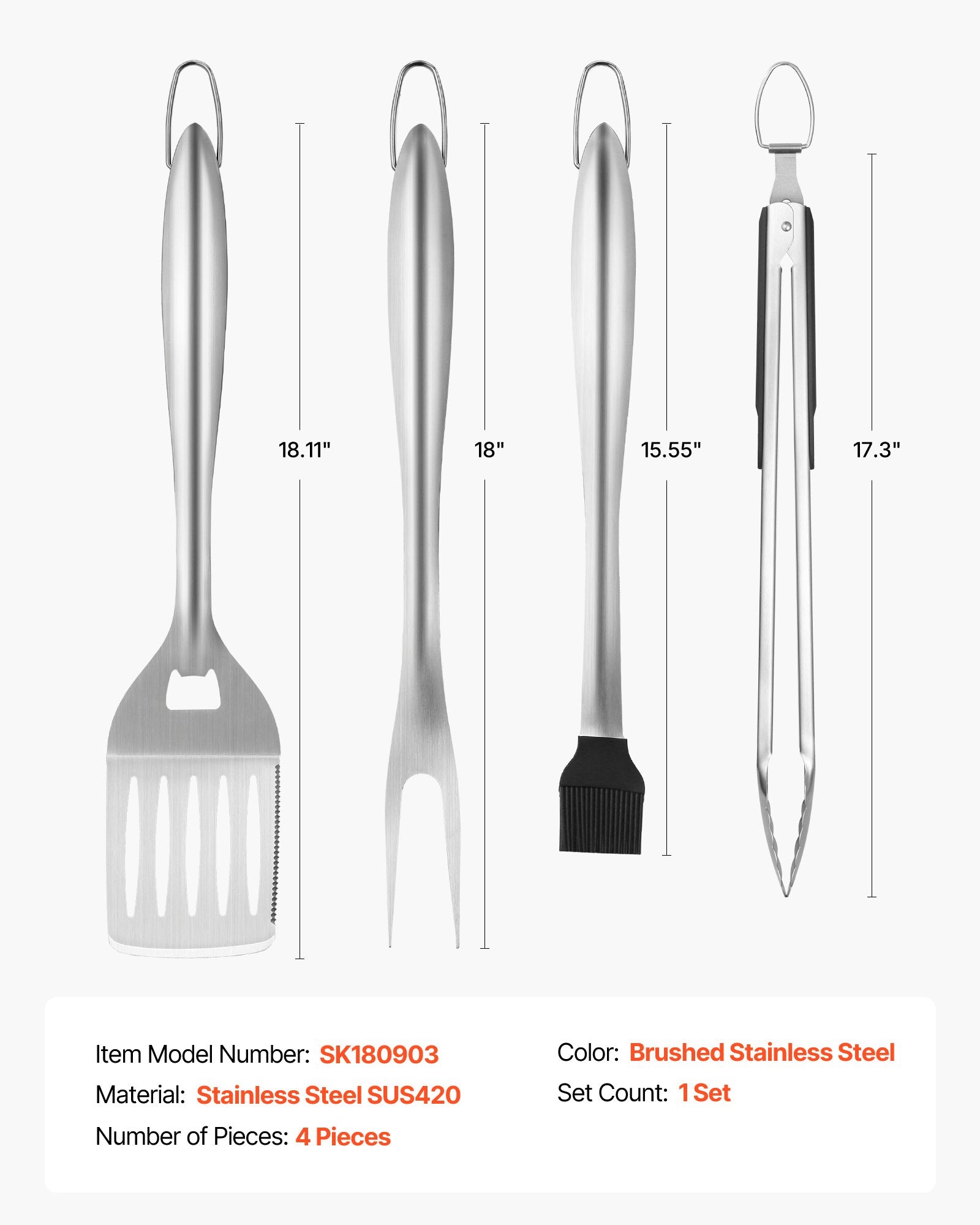 Four-piece brushed stainless steel grilling set featuring spatula, fork, basting brush, and tongs with measurement labels.