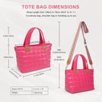 Rose-colored quilted puffer tote bag with top handles, removable striped crossbody strap, and dimensions labeled.