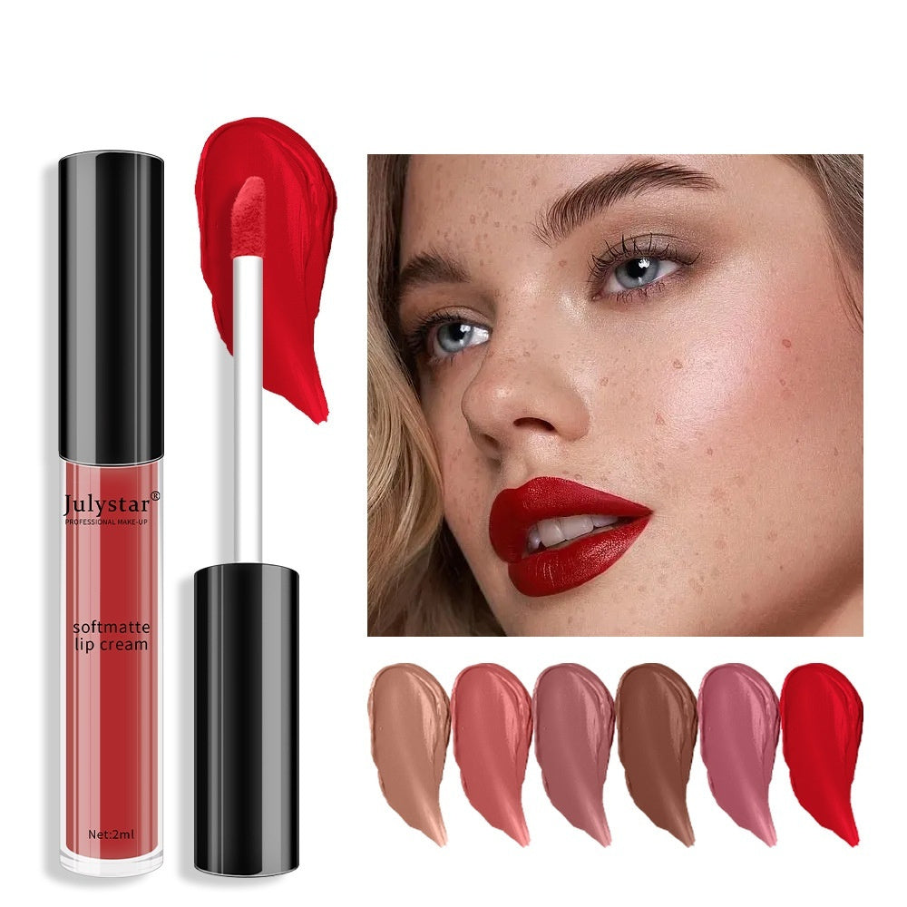 Julystar soft matte red liquid lip cream with applicator, model wearing red lipstick, and six color swatches.