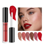Julystar soft matte red liquid lip cream with applicator, model wearing red lipstick, and six color swatches.
