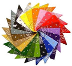 A fan-shaped arrangement of colorful square bandanas featuring a traditional cashew and paisley pattern.