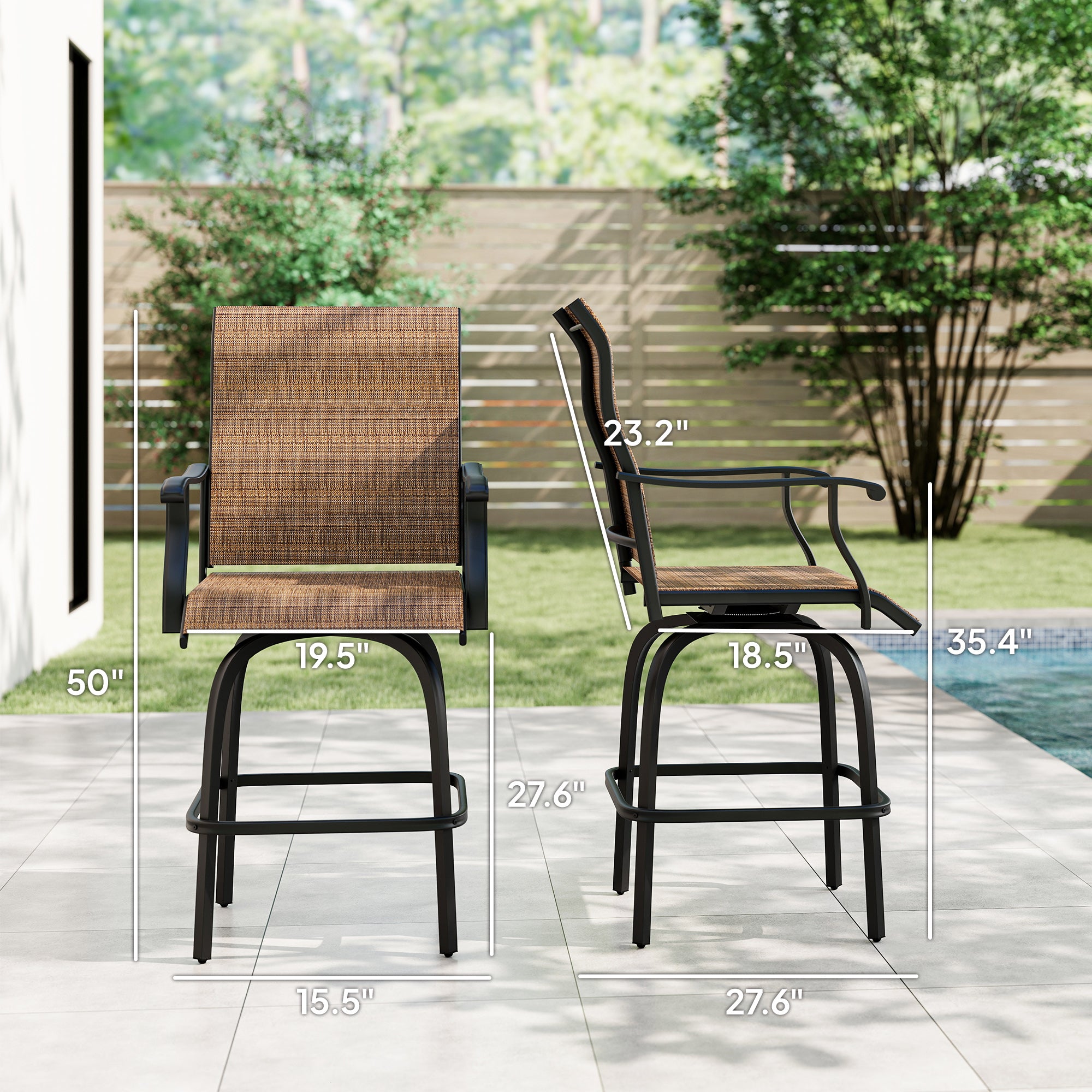 Two outdoor swivel bar stools featuring black metal frames and brown woven sling seats with armrests, shown with dimensions.
