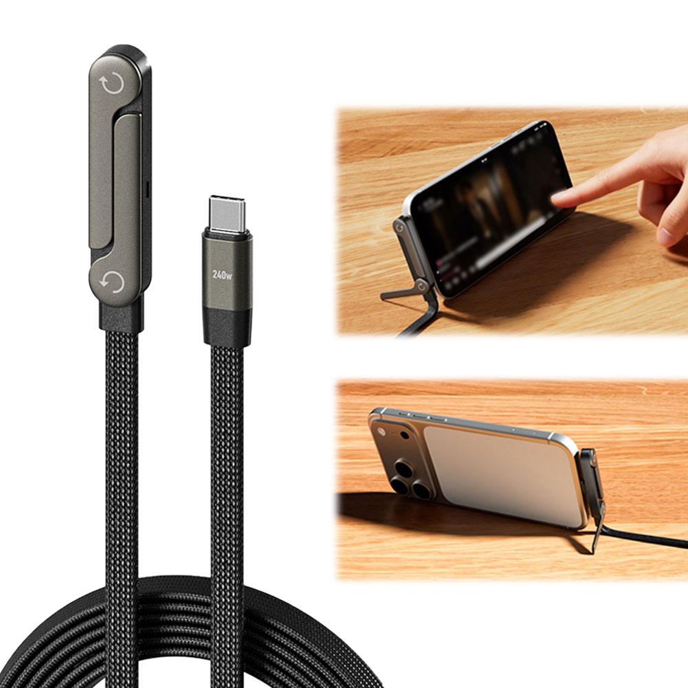Dark grey, 240W 2-in-1 USB-C charging cable with a built-in folding stand for phones, featuring a durable braided cord.