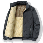 Dark gray quilted men’s winter jacket with a beige faux-fleece lining and internal honeycomb-patterned graphene fabric.