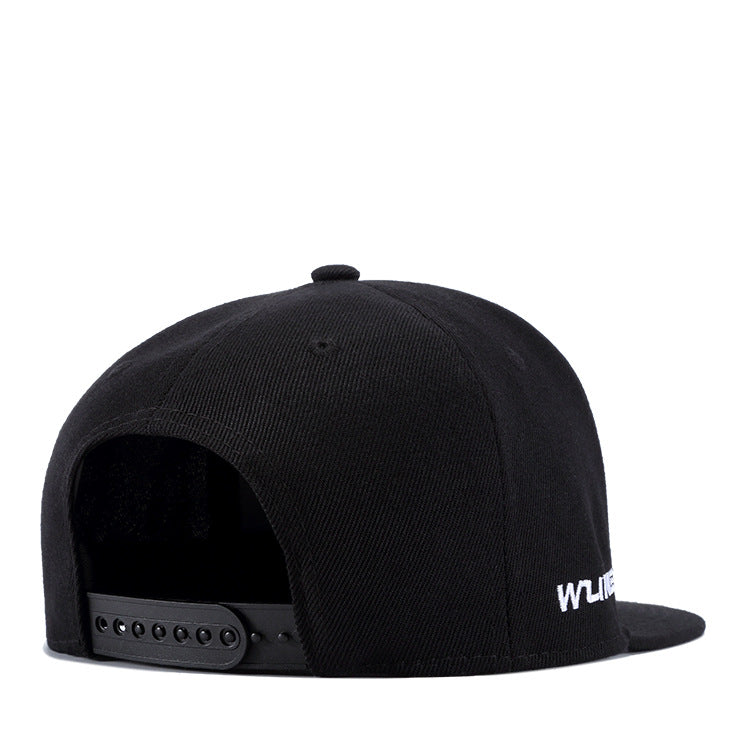 Black cotton snapback cap with a flat brim, adjustable strap, and white embroidered logo on the side.