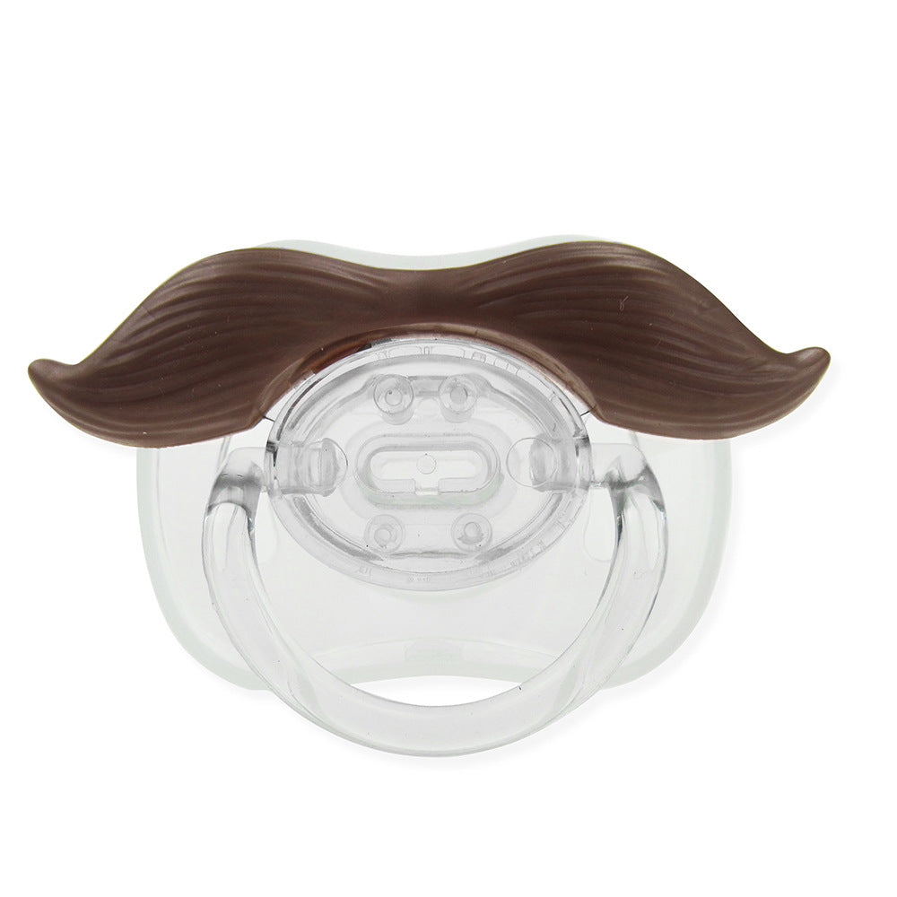Clear baby pacifier featuring a brown, textured handlebar mustache design attached to the front guard.