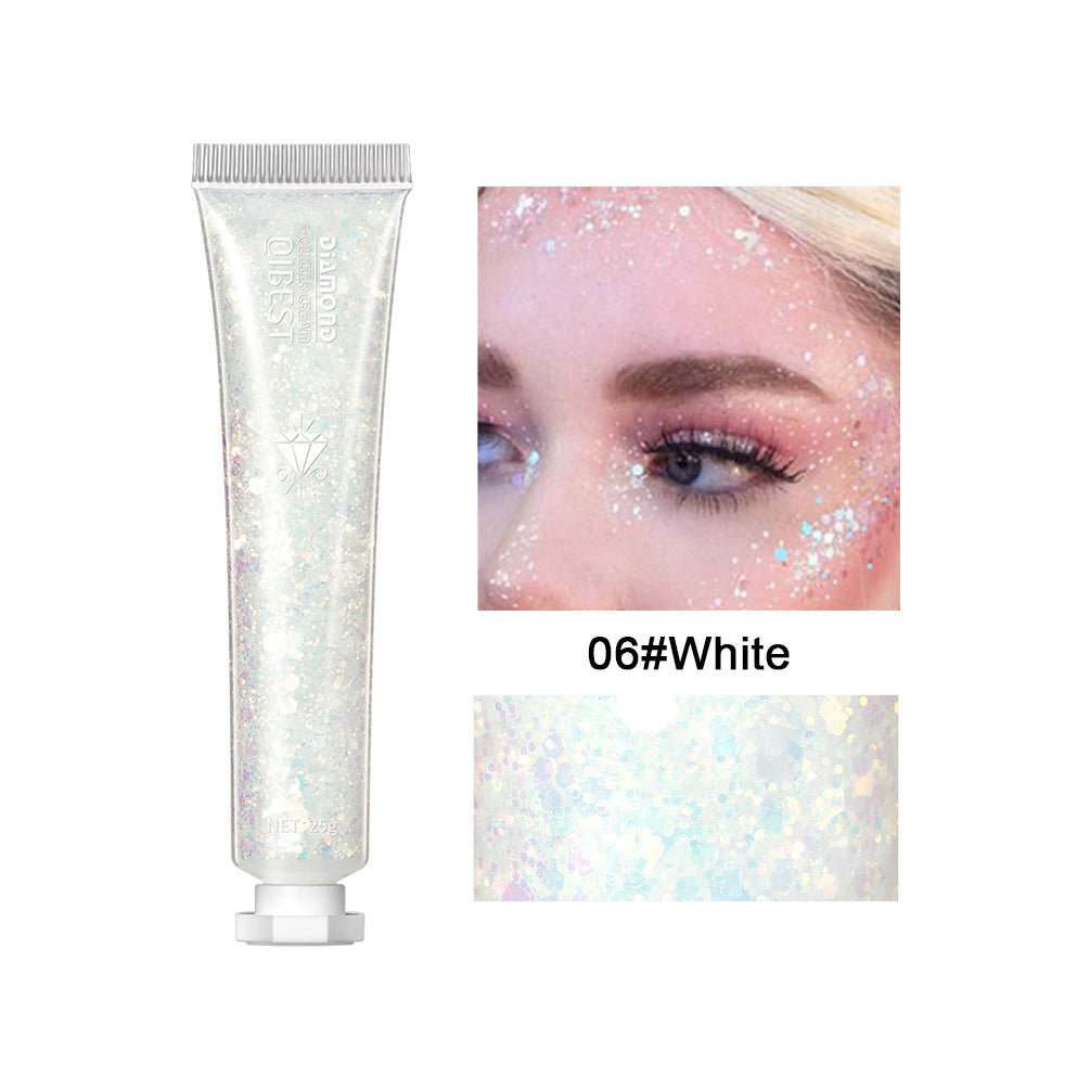 A tube of iridescent white glitter gel with a swatch and a model wearing the sparkly product on her face and eyes.