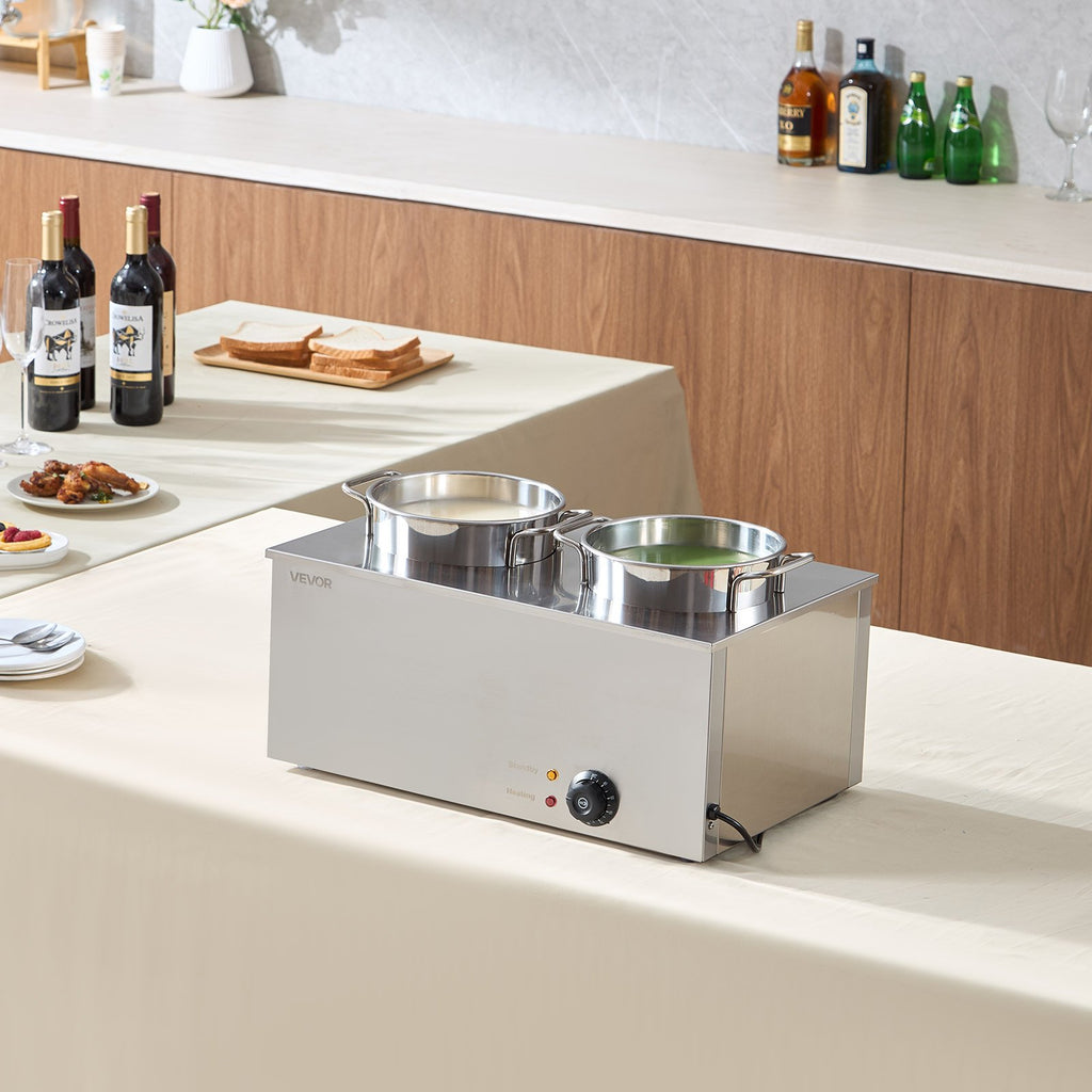 Commercial stainless steel soup warmer with two 6.34qt pots, temperature control knob, and indicator lights on a table.