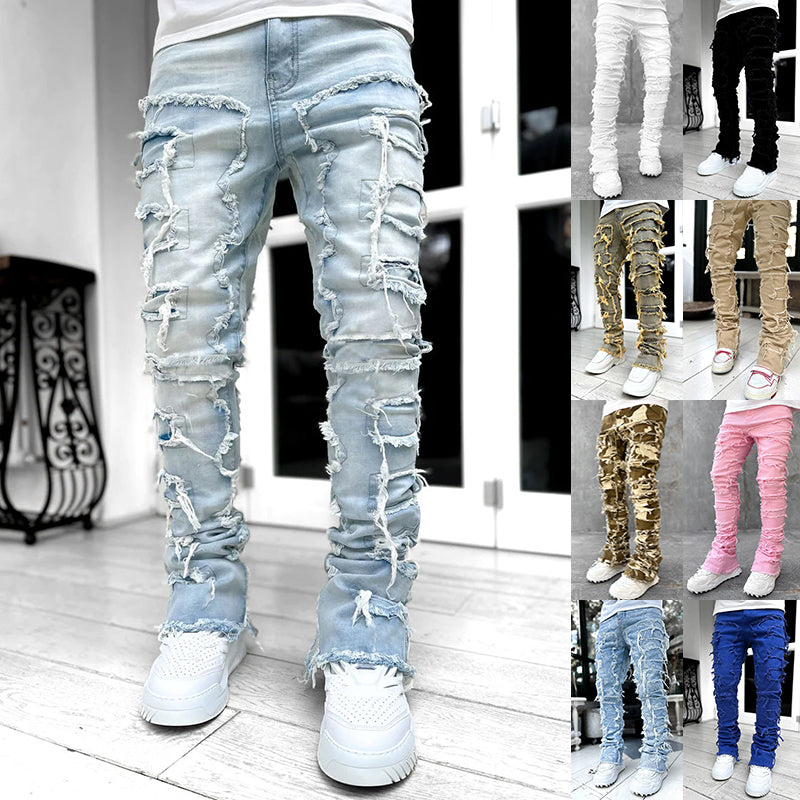 Stacked men's jeans with heavy distressed fringe detailing, ripped patches, and slim fit, shown in multiple colors.
