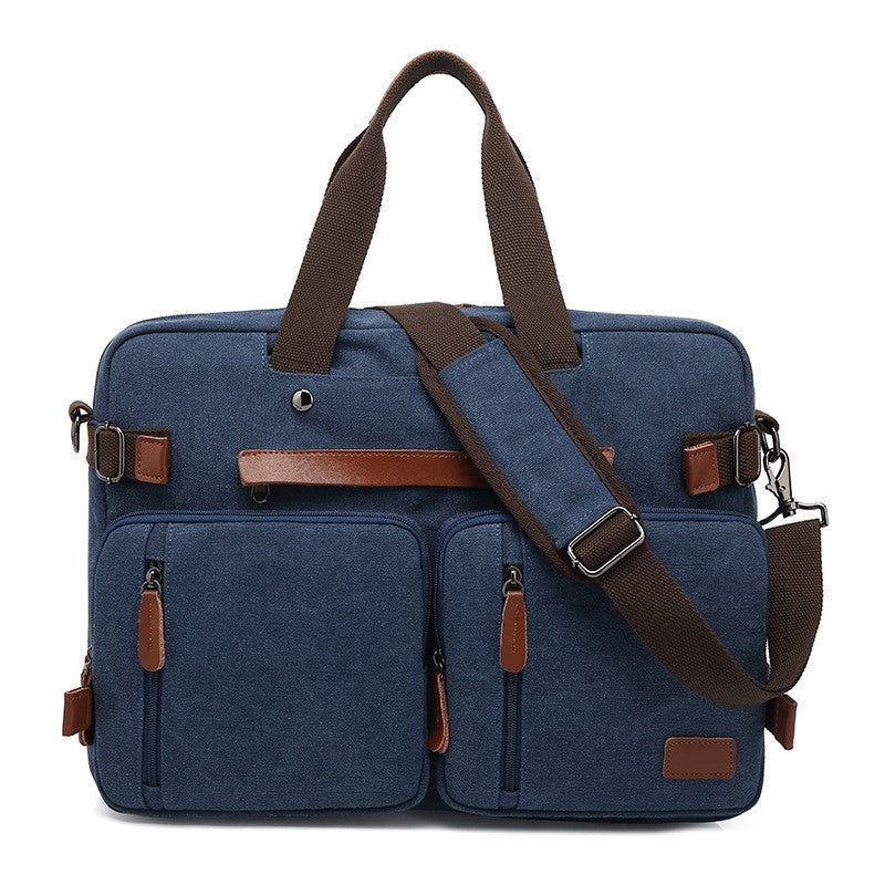 Blue canvas multifunctional men's briefcase-style backpack with brown leather accents, top handles, and shoulder strap.