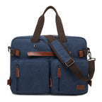 Blue canvas multifunctional men's briefcase-style backpack with brown leather accents, top handles, and shoulder strap.