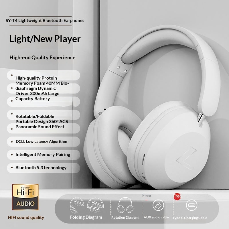 White SY-T4 wireless gaming headphones with protein memory foam ear cups, Bluetooth 5.3, and foldable design.