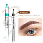 QIC four-prong red-brown liquid eyebrow pencil with metallic silver casing and application demo on an eyebrow.