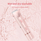 A sleek, rose-gold electric hair trimmer with a metallic blade, displayed over a rippling pink water background.