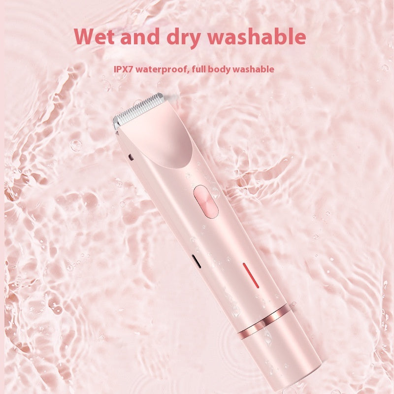 A sleek, rose-gold electric hair trimmer with a metallic blade, displayed over a rippling pink water background.