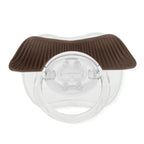 Clear silicone pacifier by Digitaldistribution375 featuring a brown, textured mustache design on the shield.
