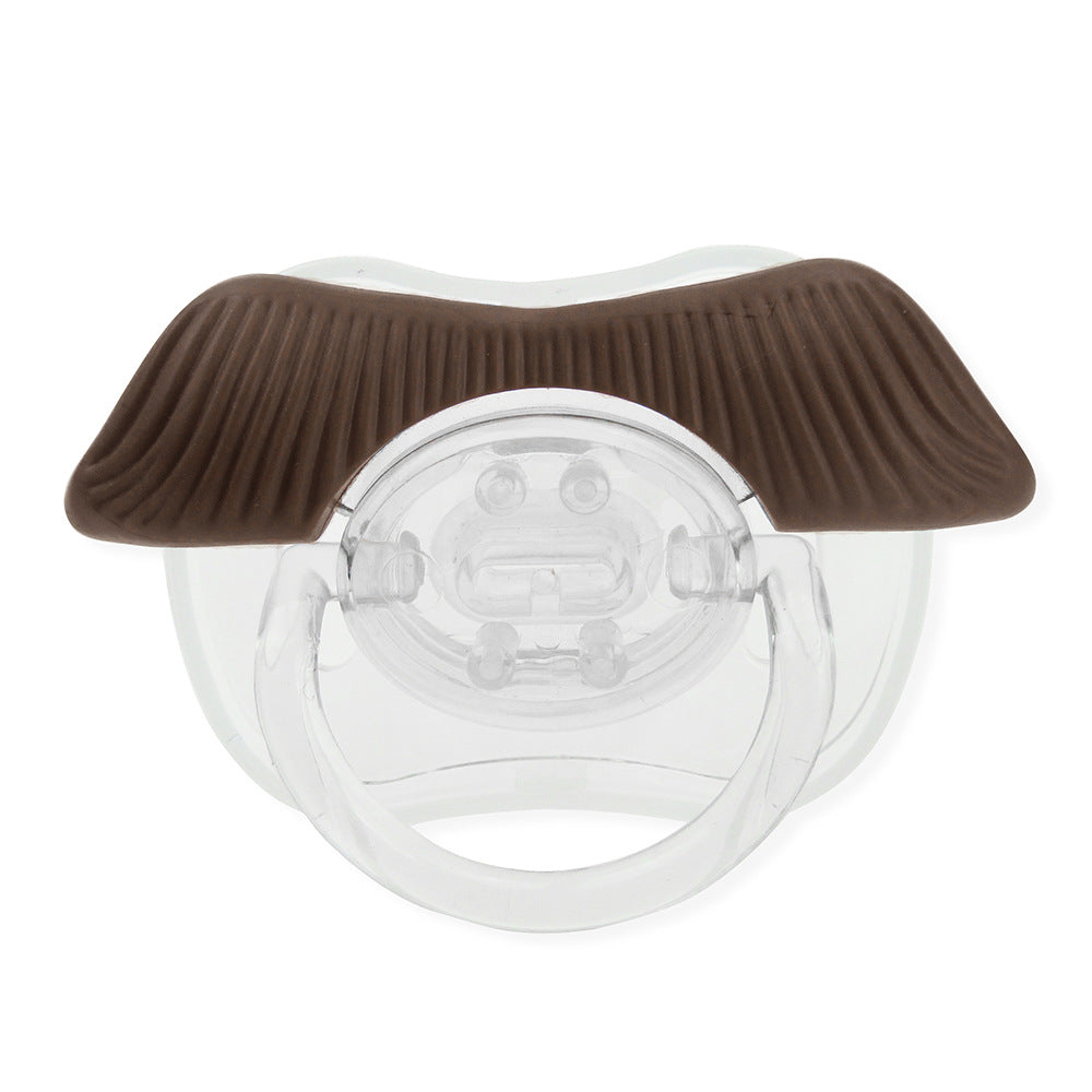 Clear silicone pacifier by Digitaldistribution375 featuring a brown, textured mustache design on the shield.