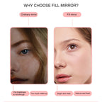 Comparison of a dim ordinary car mirror vs. a bright LED makeup mirror showing improved, natural skin clarity.