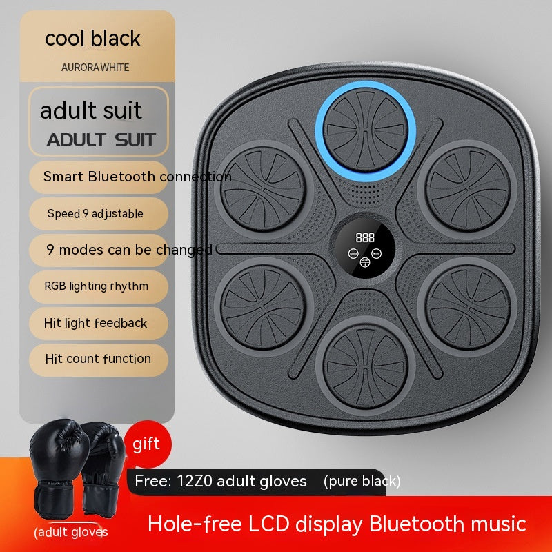 Black wall-mounted music boxing target with six circular striking pads, LED lighting, digital display, and boxing gloves.