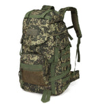 Digital camo 60L tactical backpack with adjustable straps, mesh pocket, and buckles on a white background.