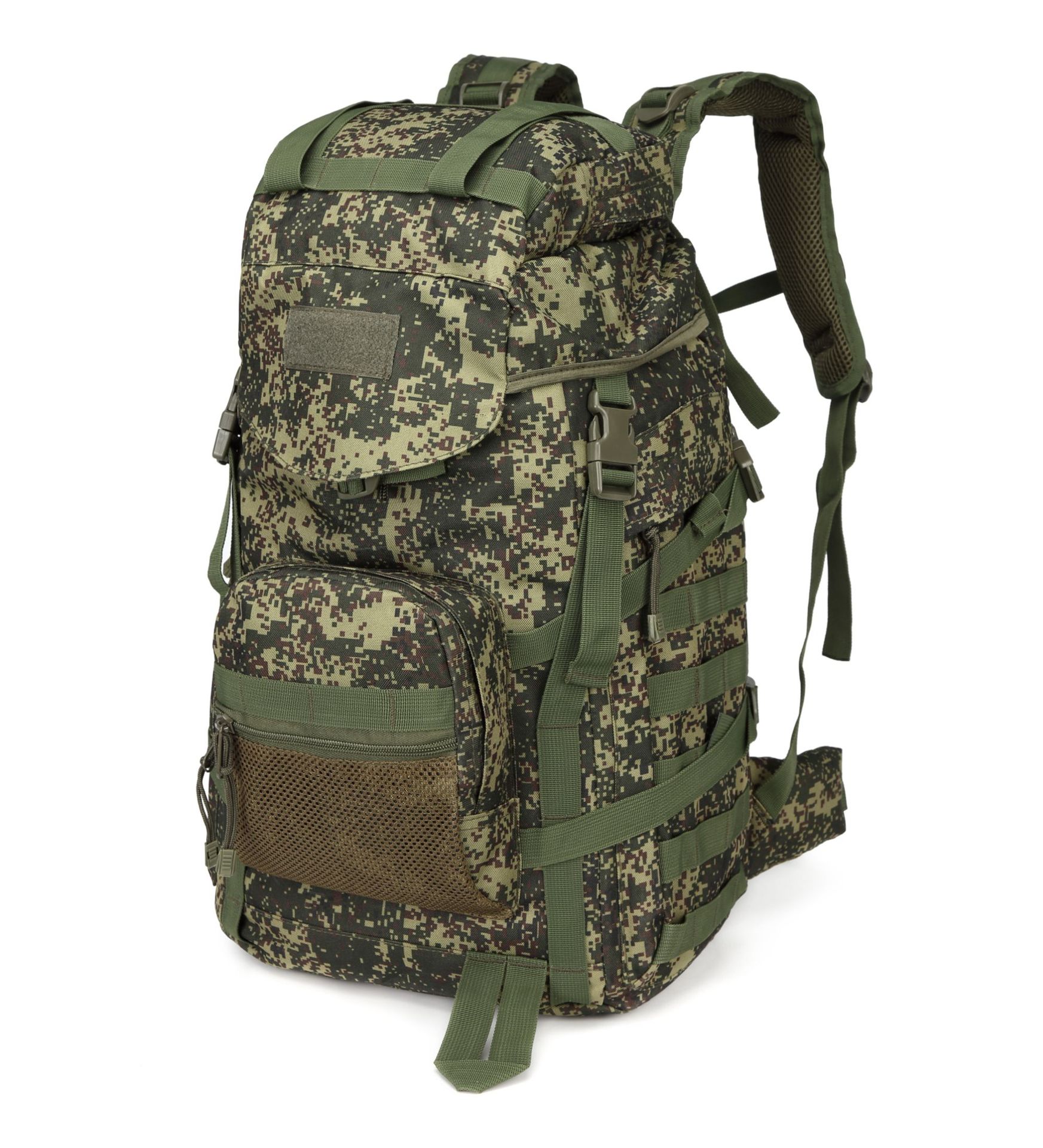 Digital camo 60L tactical backpack with adjustable straps, mesh pocket, and buckles on a white background.