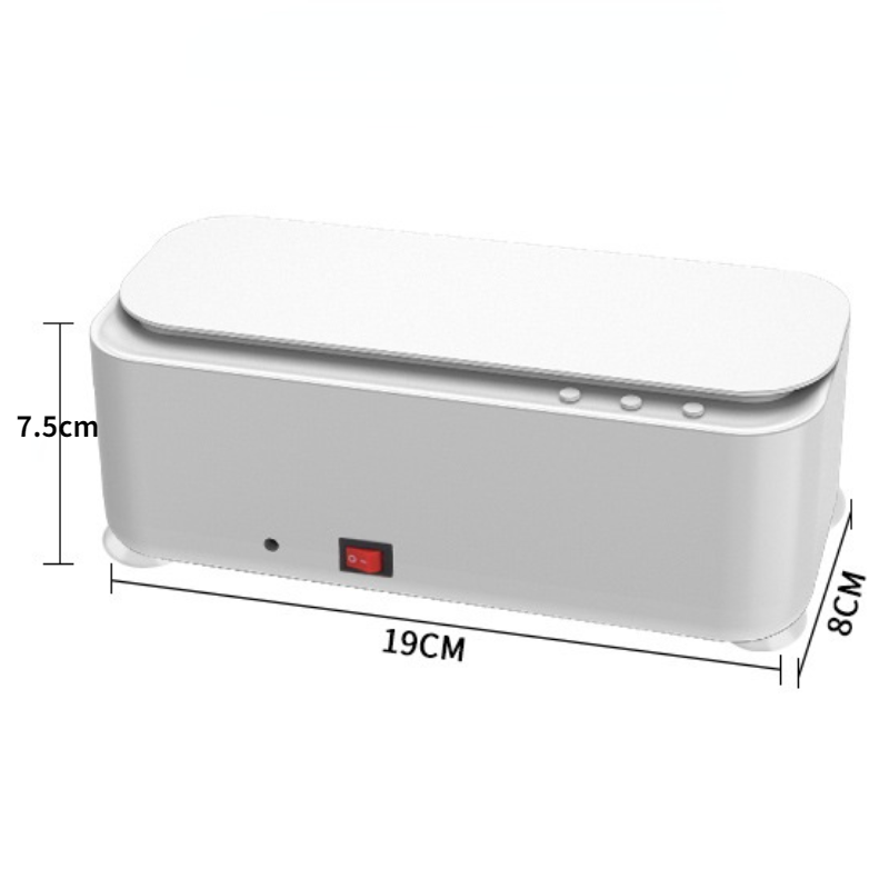 White, rectangular ultrasonic cleaner for glasses with a red power switch, dimensions labeled, and smooth plastic body.