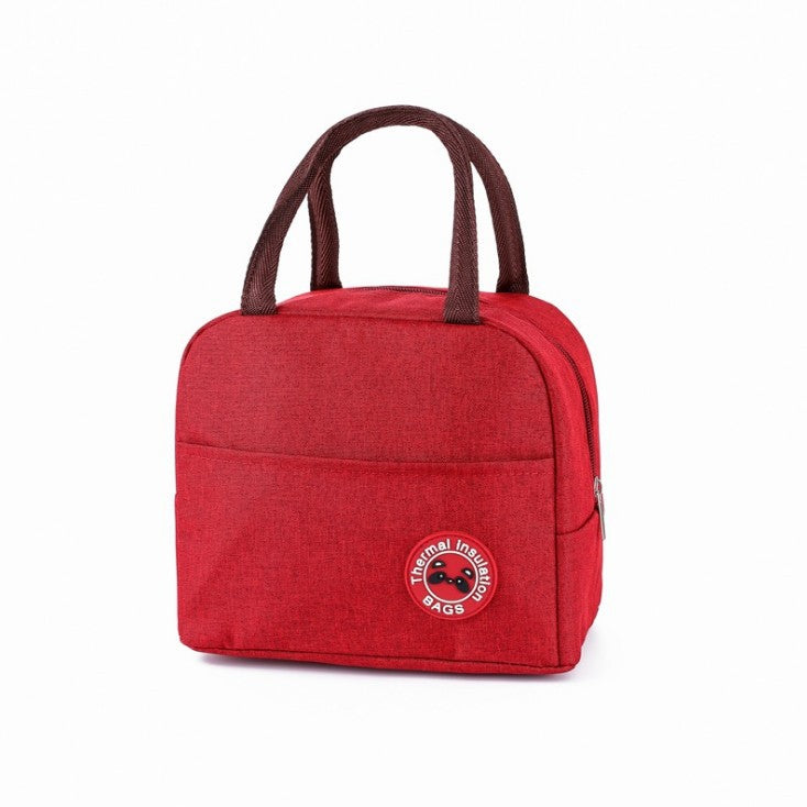 Red cationic fabric thermal lunch bag with brown handles, zipper closure, front pocket, and thermal insulation logo.