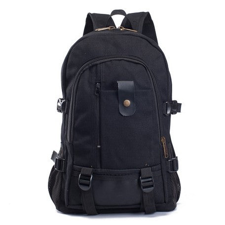 Black canvas backpack with leather-like strap details, multiple zippered pockets, side buckles, and padded straps.
