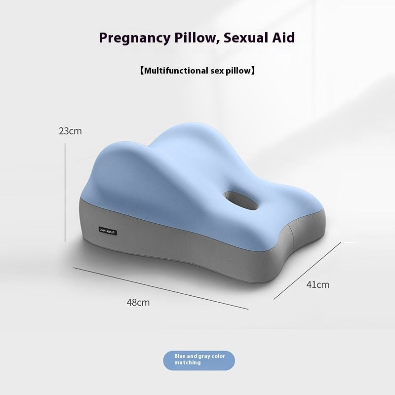 Contoured blue and gray memory foam pillow with a central cutout, labeled as a multifunctional pregnancy/sex aid.