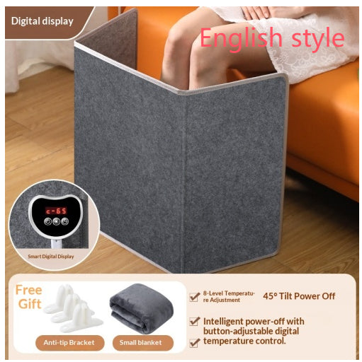 Grey felt folding desk foot warmer with digital temperature display, anti-tip brackets, and a bonus small blanket.