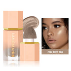 Langmanni Soft Tan liquid contour with sponge applicator and peach-colored cap, shown on a model's face.