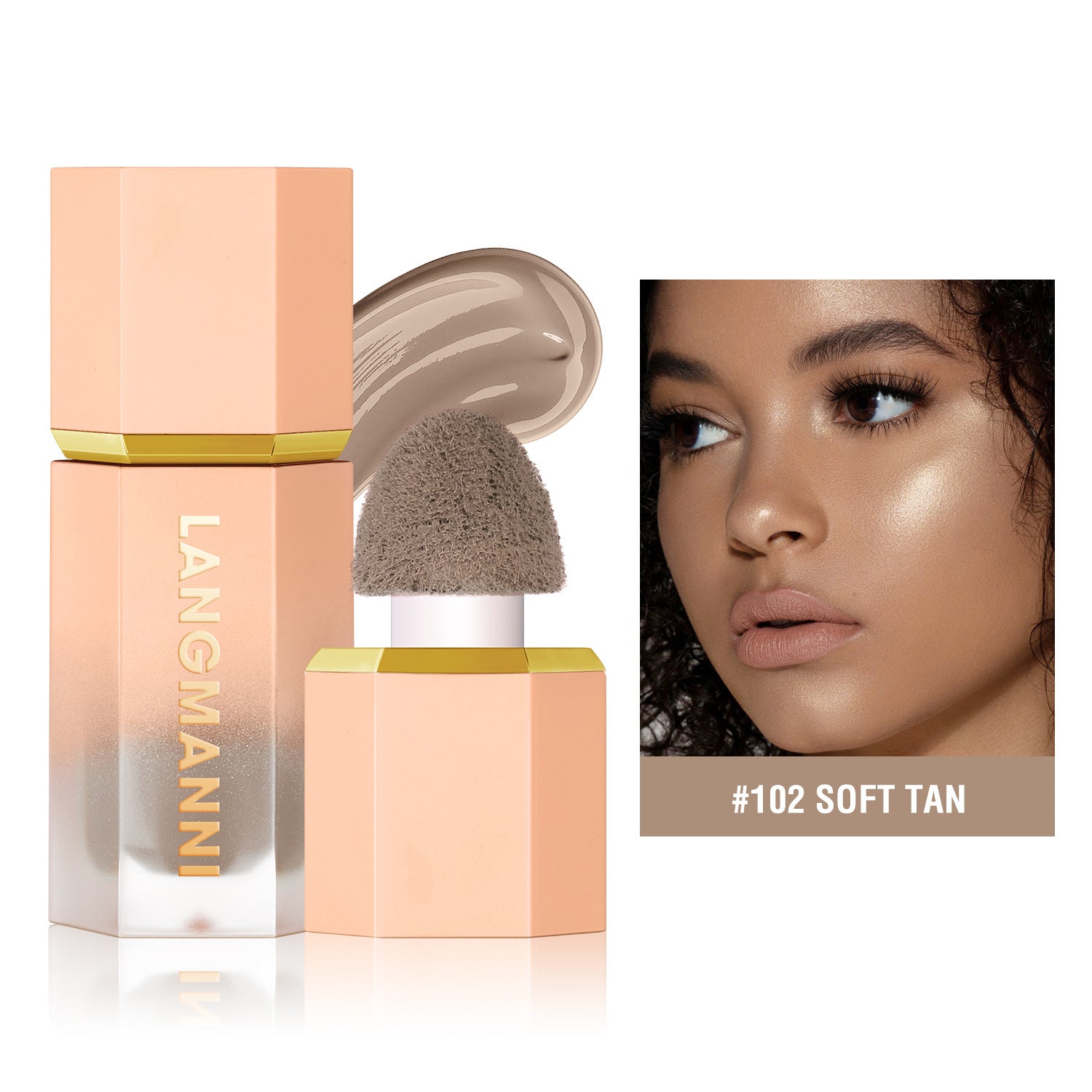 Langmanni Soft Tan liquid contour with sponge applicator and peach-colored cap, shown on a model's face.