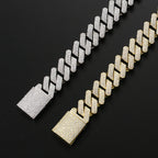 Two iced-out hip hop Cuban link necklaces in silver and gold, fully set with sparkling zircon stones on black background.