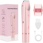 Pink 2-in-1 electric shaver with trimmer head, guard, cleaning brush, and charging cable, shown next to its packaging.