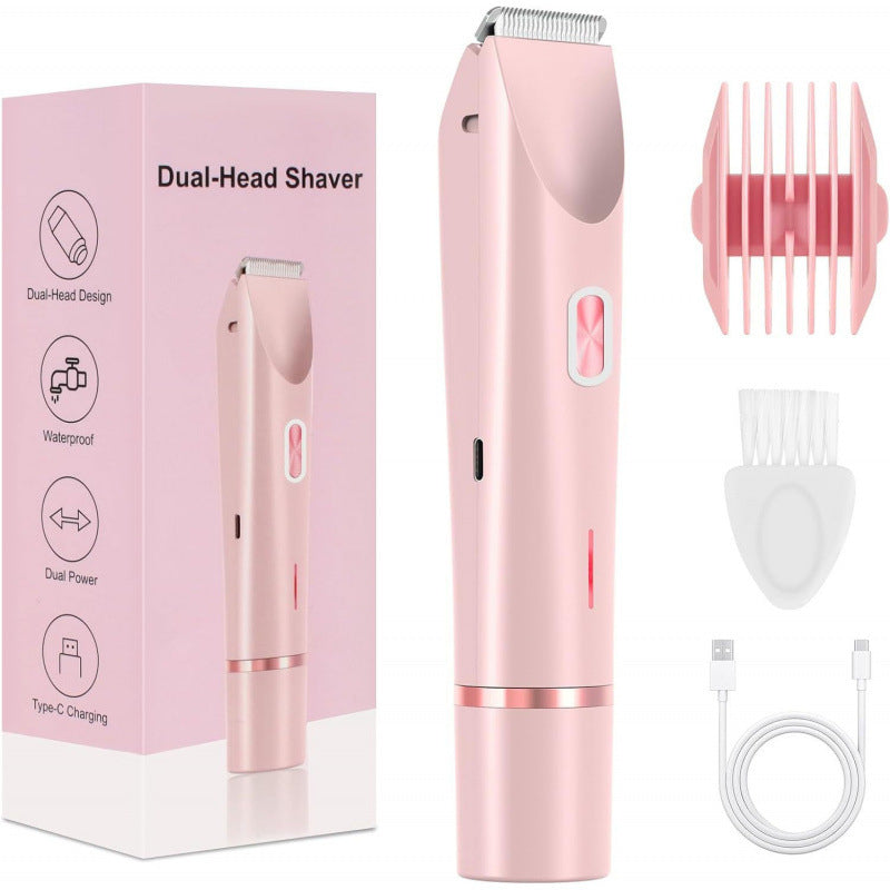 Pink 2-in-1 electric shaver with trimmer head, guard, cleaning brush, and charging cable, shown next to its packaging.