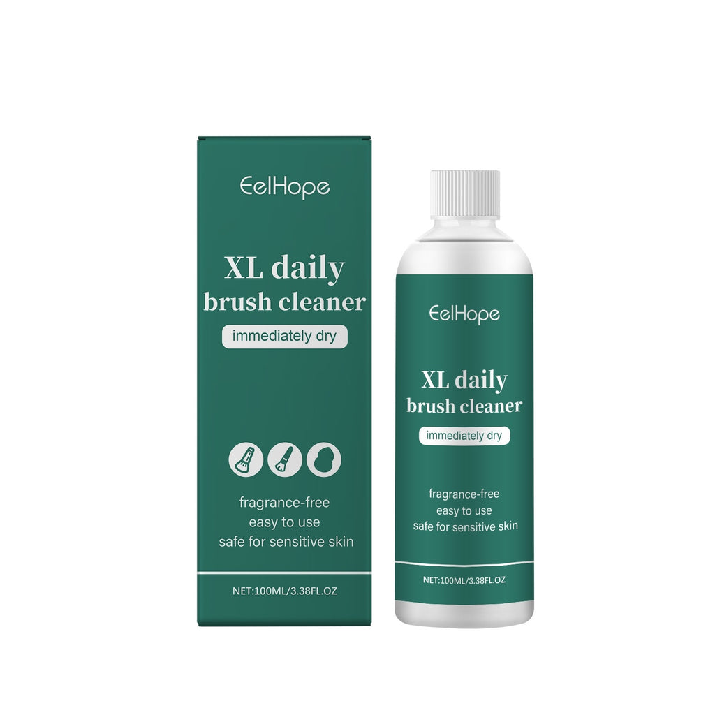 EelHope XL daily brush cleaner bottle and box in dark green with white text. 100ml size, fragrance-free and safe.