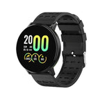 Black Digitaldistribution375 fitness watch with a round screen, silicone strap, and activity tracking data display.