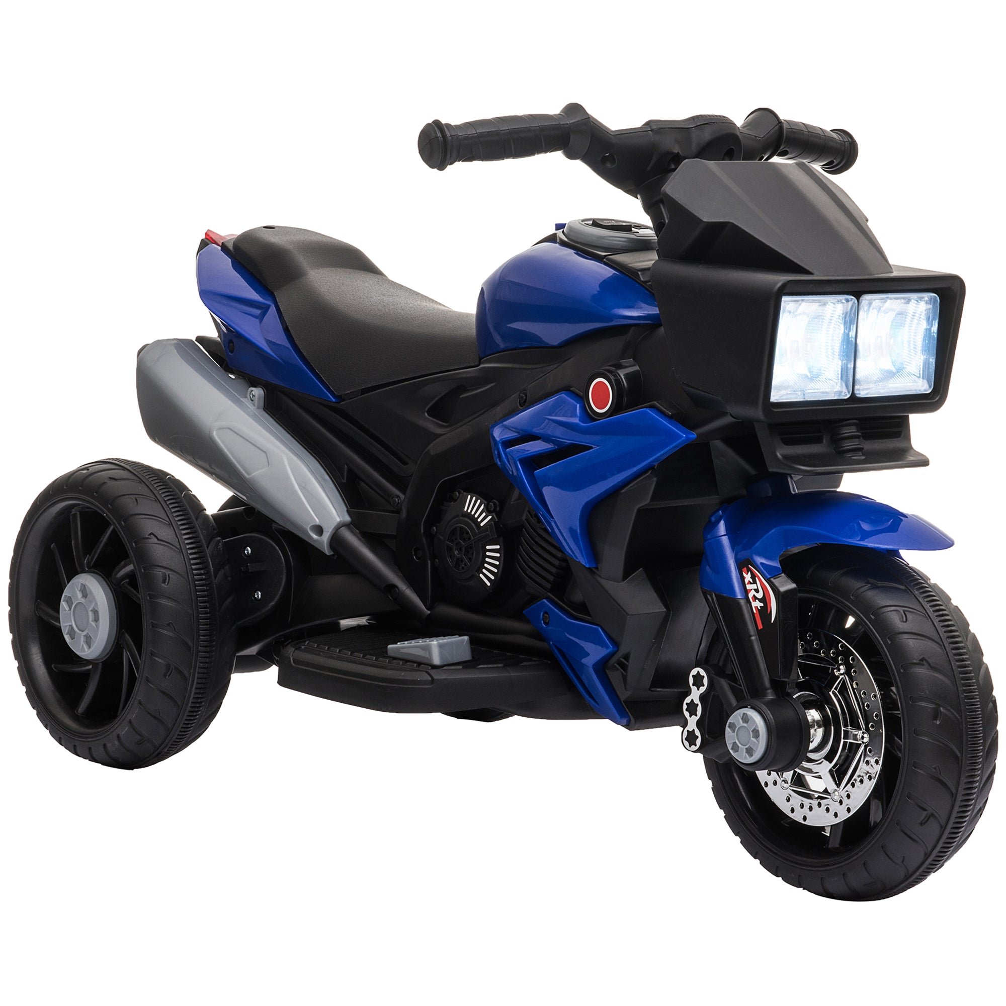 Blue and black 6V electric ride-on toy motorcycle for kids with bright LED headlights and a three-wheel design.