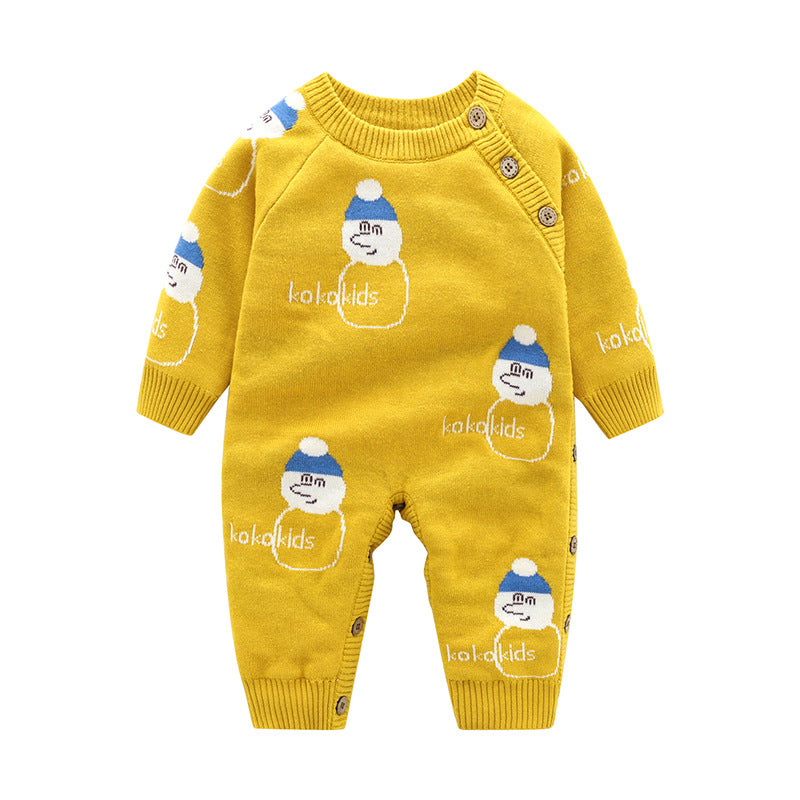 Mustard yellow knit baby romper featuring white snowman patterns, ribbed cuffs, and side button closures.