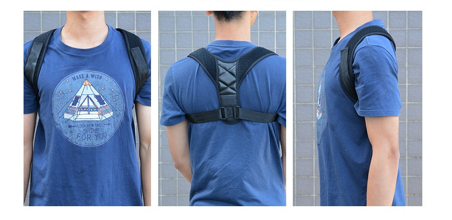 Three views of a person wearing a black, padded clavicle posture corrector strap over a blue graphic t-shirt.