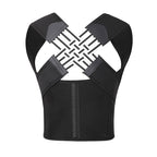 Black unisex posture corrector brace with wide shoulder straps and a woven crisscross back design.