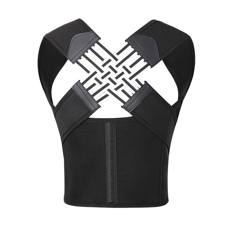 Black unisex posture corrector brace with wide shoulder straps and a woven crisscross back design.