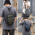 Men wearing sleek, water-resistant tactical crossbody chest bags in olive, grey, and blue with adjustable straps.