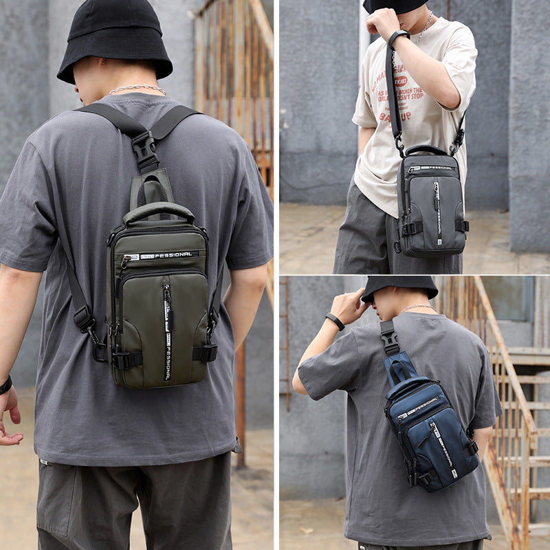 Men wearing sleek, water-resistant tactical crossbody chest bags in olive, grey, and blue with adjustable straps.