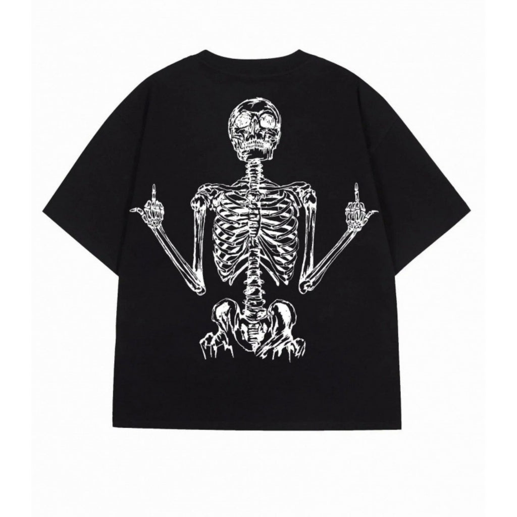 Oversized black cotton t-shirt with a white graphic of a skeleton giving the middle finger on the back.