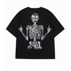 Oversized black cotton t-shirt with a white graphic of a skeleton giving the middle finger on the back.